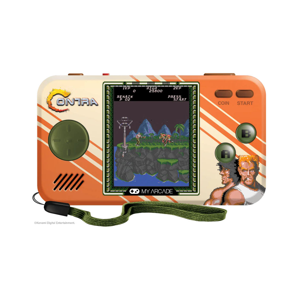 Console de jeu portable MY ARCADE au design orange et blanc avec la marque "Contra". L'écran affiche le jeu et, à droite, les boutons verts "B" et "A", ainsi que les boutons "Coin" et "Start".